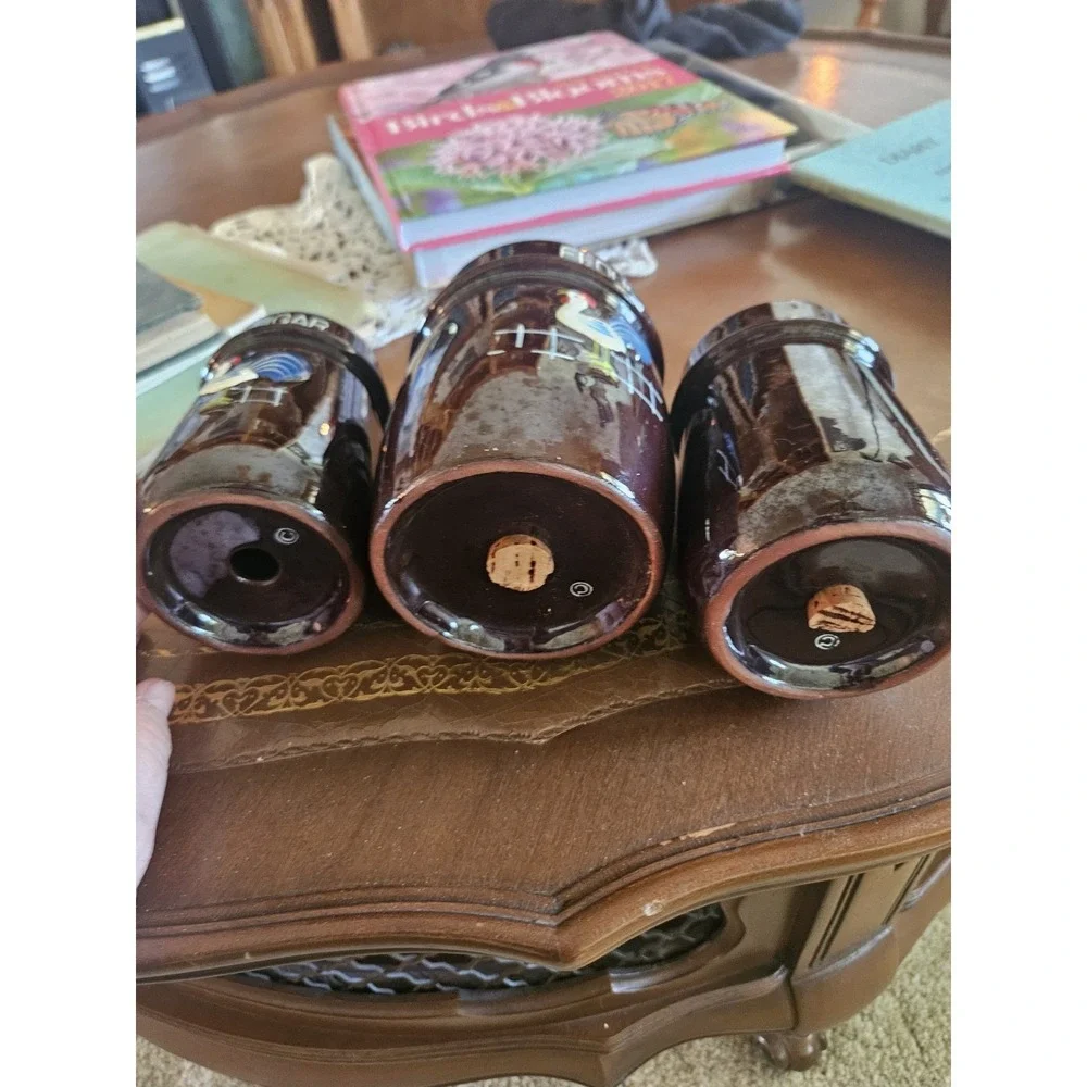 Vintage Rooster Brown Shakers Cal-Pacific 3 Piece Pepper,  Flour,  Sugar